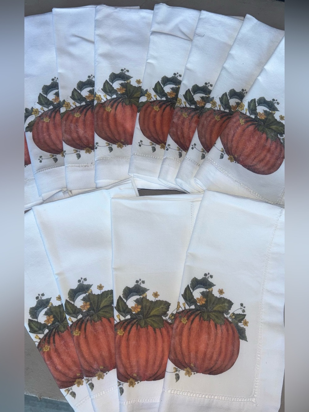 12 White Pumpkin Print Kitchen Tea Towel Napkins - Fall Party Decor